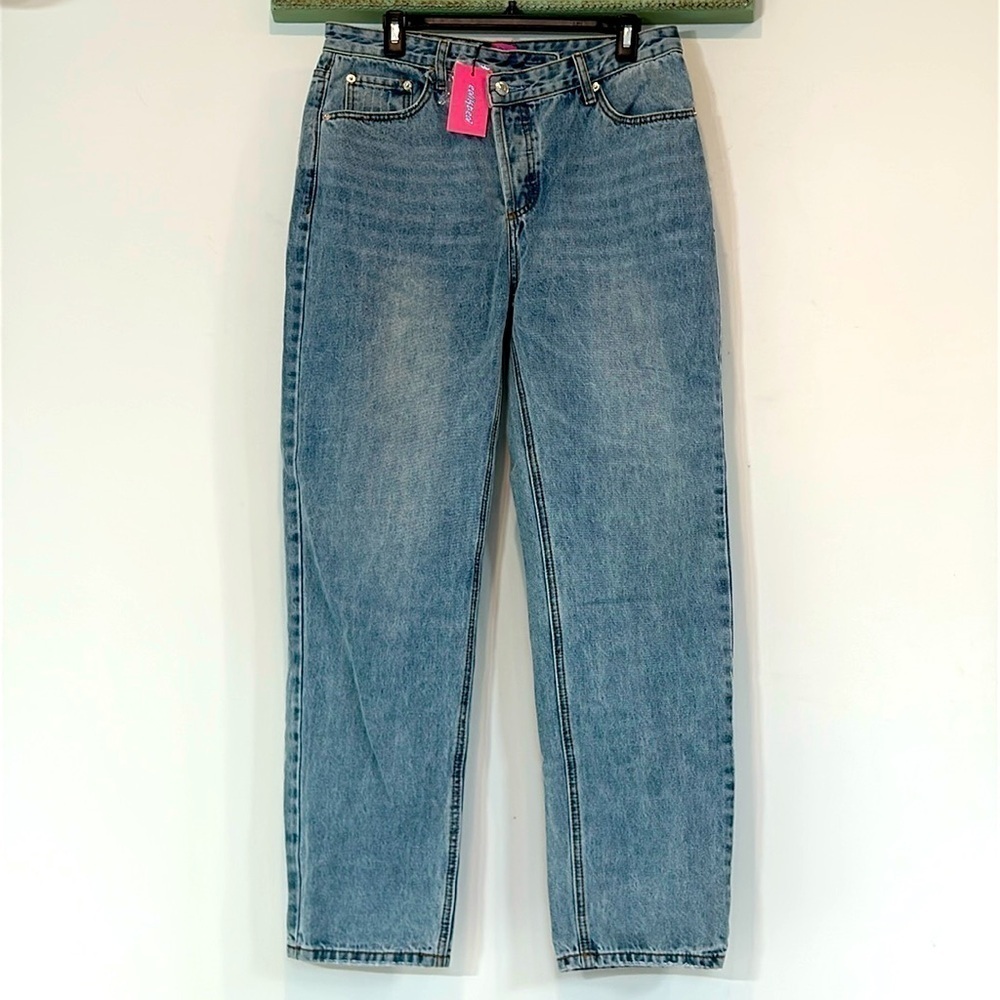EDIKTED Crossover waist Boyfriend Jeans vintage light blue wash large new w tag